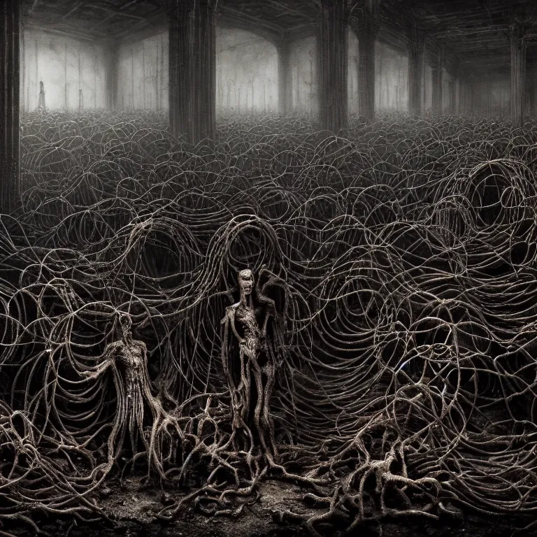 Image similar to portrait of abandoned ribbed organic satanistic ritual scene, crowd of people, covered with wires, spines, roots, ash, mold, baroque painting, standing in a desolate empty wasteland, creepy, nightmare, dream-like heavy atmosphere, dark fog, surreal abandoned buildings, baroque painting, beautiful detailed intricate insanely detailed octane render trending on Artstation, 8K artistic photography, photorealistic, volumetric cinematic light, chiaroscuro, zoomed out, fisheye, Raphael, Caravaggio, Beksinski, Giger