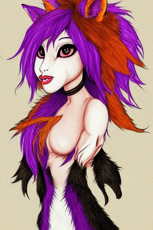 Image similar to portrait of a furry anthromorphic fox with orange fur long purple hair and black ears wearing a long dress, very beautiful, detailed fur