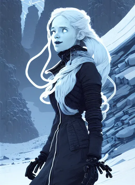 Prompt: highly detailed portrait of a hopeful frostpunk long blonde hair lady with robotic limbs, stray wiring by atey ghailan, james gilleard, by joe fenton, by greg rutkowski, by greg tocchini, by kaethe butcher, 4 k resolution, gradient blue, black and white color scheme!!! ( ( glacier cave background ) )