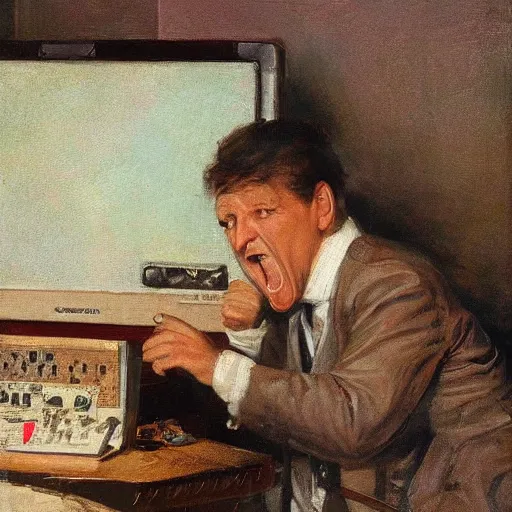 Image similar to an angry man yells at his computer monitor, oil on canvas, 1 8 8 3, highly detailed