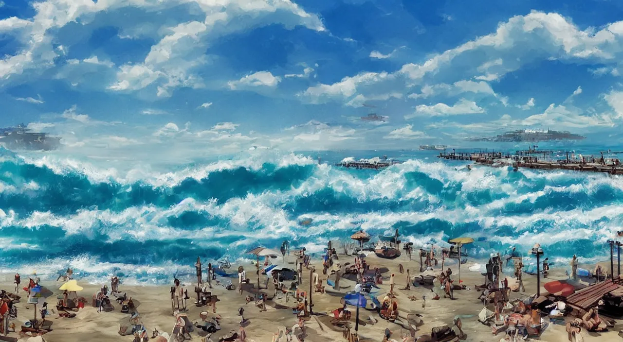 Image similar to ocean side beach blue sky clouds waves water pier dock beautiful artstation 4 k breathtaking illustration cartoon by jack kirby artstation concept art matte painting