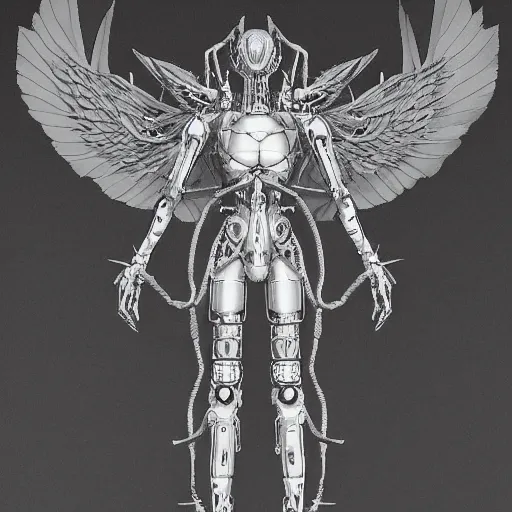 Prompt: humanoid mech, wings, by Kentaro Miura