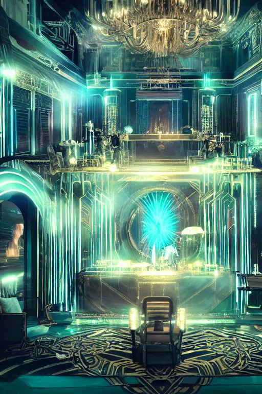 Prompt: a cyberpunk lavish party in a mansion from the great gatsby in the world of tron, flash photography, raytracing, 8 k, octane render, volumetric, vivid, beautiful, hyperrealism