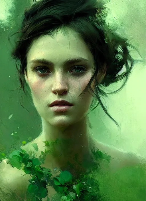 Image similar to outdoor portrait of a beautiful girl, shades of green, beautiful face, rule of thirds, intricate outfit, spotlight, by greg rutkowski, by jeremy mann, digital painting