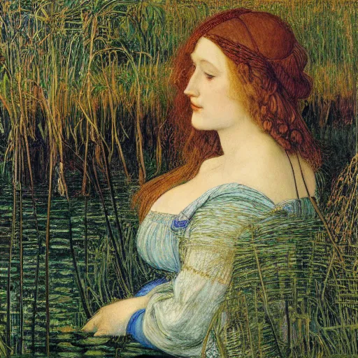 Prompt: ophelia under the river amongst the reeds, leonardo devinci, botticelli,, rosetti and monet, william holman hunt, 8 k