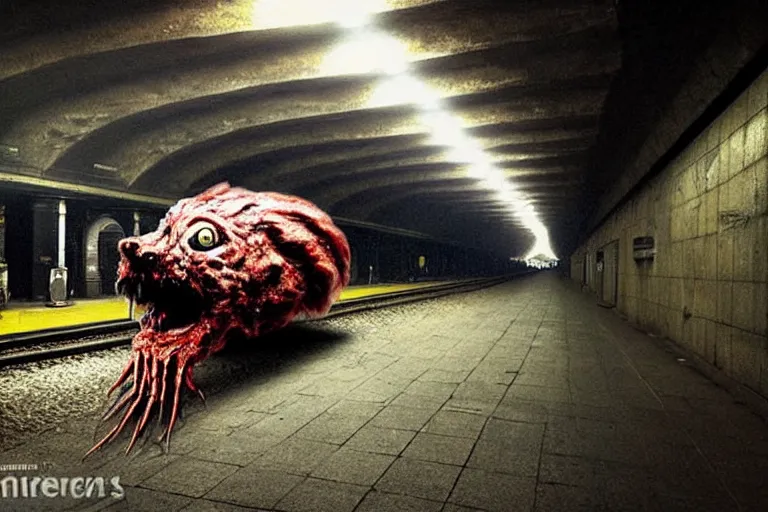 Image similar to very large giant mutant zombie irradiated ( angry rat ) staying on railways in tonnel of moscow subway. tonnel, railways, giant angry rat, furr, fangs, claws, very realistic. fog, extreme long shot, herman nitsch, giger, anish kapoor.