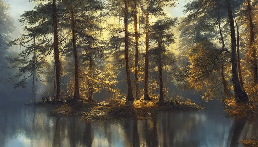 Image similar to portrait of a lake surrounded by forest, highly detailed, sunny, blue sky, cinematic lighting, highly angle, godrays, volumetric, photorealistic, digital art painting by greg rutkowski