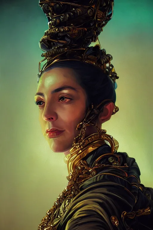 Prompt: portrait, headshot, digital painting, of a 17th century, beautiful, middle aged, middle eastern, wrinkles, decadent, cyborg noble woman, dark hair, amber jewels, baroque, ornate dark green opulent clothing, scifi, futuristic, realistic, hyperdetailed, concept art, dramatic backlighting, golden hour, cinestill, art by syd mead