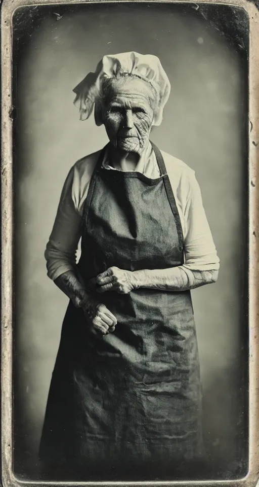 Prompt: a wet plate photograph, a portrait of an older washer woman in an apron