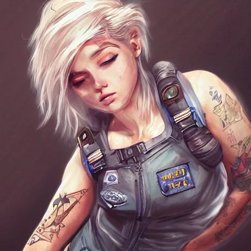 Image similar to tattooed dirty stoic butch heroic emotionless blonde woman kubernetes engineer in tattered dirty flight suit, very short messy hair, highly detailed, digital painting, artstation, concept art, matte, sharp focus, illustration, art by artgerm