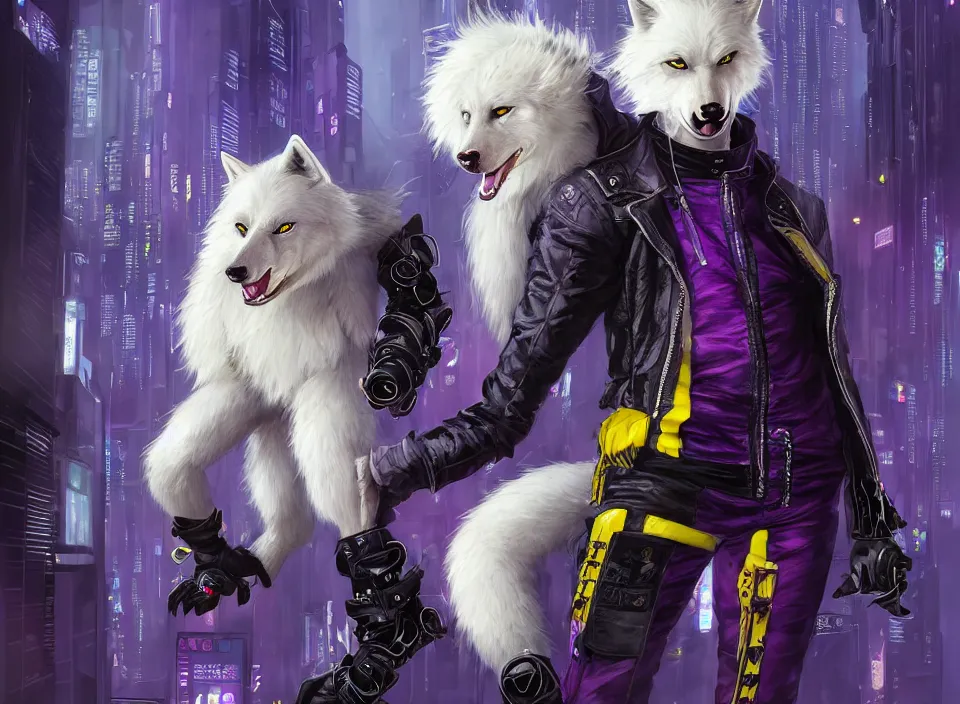 Image similar to award winning beautiful portrait commission of a male furry anthro albino wolf fursona with a tail and a cute beautiful attractive detailed furry face wearing stylish black, purple and yellow cyberpunk biker clothes standing on top of a high rise in a cyberpunk city at night while it rains. Character design by charlie bowater, ross tran, artgerm, and makoto shinkai, detailed, inked, western comic book art