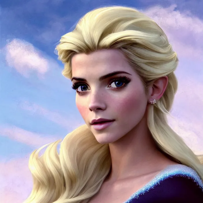 Prompt: portrait of a combination of Ashley Greene, Katheryn Winnick, Victoria Justice and Adriana Dxim, Grace Kelly, Emma Watson and Lily Collins with blonde hair as Elsa from Frozen, countryside, calm, fantasy character portrait, dynamic pose, above view, sunny day, thunder clouds in the sky, artwork by Jeremy Lipkin and Giuseppe Dangelico Pino and Michael Garmash and Rob Rey and Greg Manchess and Huang Guangjian, very coherent asymmetrical artwork, sharp edges, perfect face, simple form, 100mm