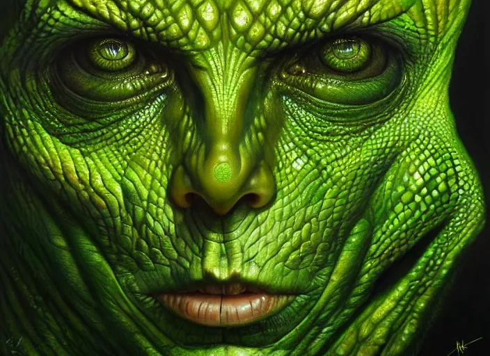 Image similar to alex jones reptile eyes, green skin. intricate, elegant, highly detailed, centered, digital painting, artstation, concept art, smooth, sharp focus, illustration, artgerm, tomasz alen kopera, peter mohrbacher, donato giancola, joseph christian leyendecker, wlop, frank frazetta