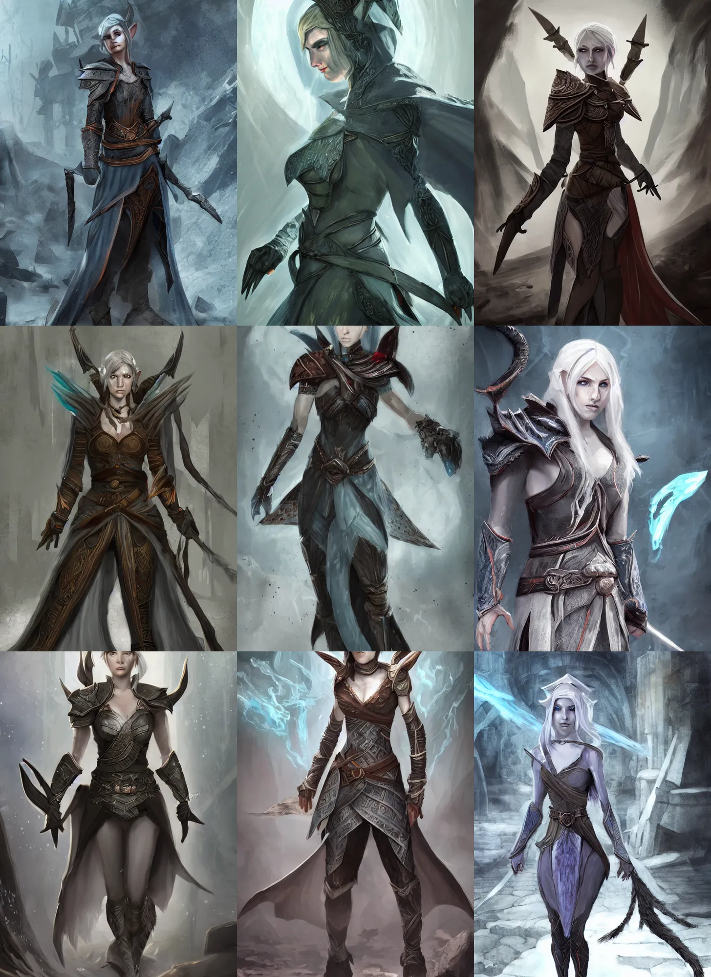 Prompt: full body character portrait of a female elf from dragon age walking through a destroyed temple wearing inquisitors garb, dragon age concept art, dragon age, blue and grey color scheme, illustration, digital painting, realistic lighting, with a realistically proportioned face, photorealistic eyes, good value control, realistic shading