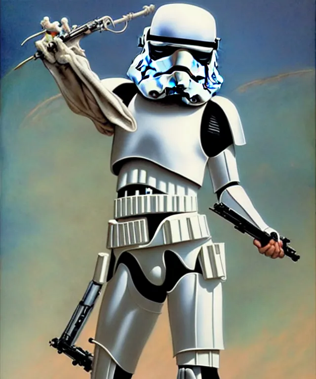 Prompt: storm trooper in the style of boris vallejo, hajime sorayama, peter mohrbacher, wayne barlowe, gustav moreau, bussiere, roberto ferri, santiago caruso, luis ricardo falero, austin osman spare, dali