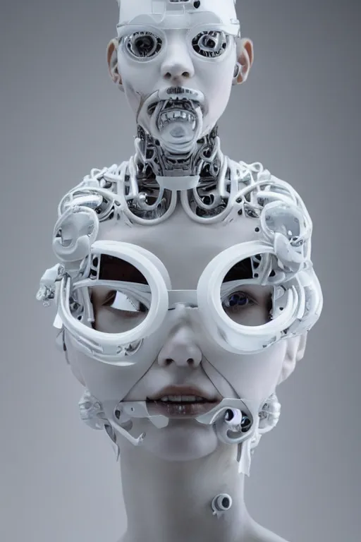 Prompt: full head and shoulders, beautiful female porcelain sculpture with lots of white 3 d cyborg elements, prosthetics, 3 d goggles, smooth, all white features on a white background, delicate facial features, white eyes, white lashes, detailed white, anatomical, transparency by daniel arsham and james jean