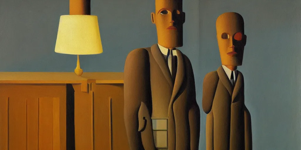 Image similar to salesman robot with shifty eyes portrait, grant wood, pj crook, edward hopper, oil on canvas