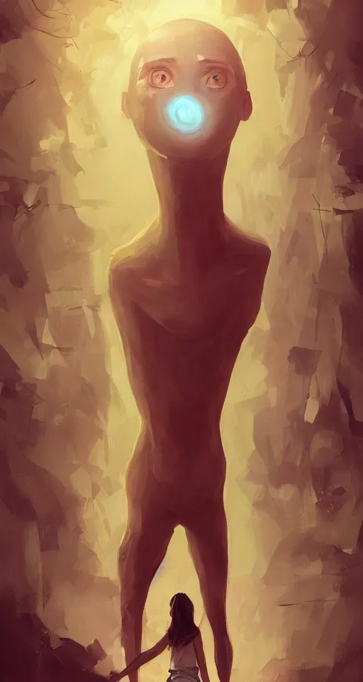 Image similar to A beautiful artwork illustration, a tall humanoid creature radiating curiosity, caring, and joy, exploring and looking around in an alternate universe, featured on artstation, wide angle, vertical orientation