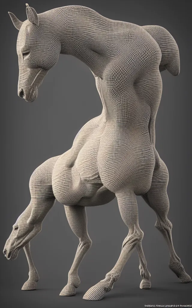 Image similar to intricated scientific medical 3d animation of the muscles and veins of a centaur horse plastic rim light detailed in mud 3d octane render