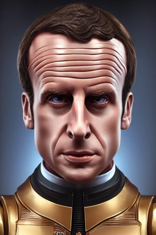 Image similar to emmanuel macron mixed with c 3 po, rpg reference, oil painting, trending on artstation, octane render, insanely detailed, 8 k, hd