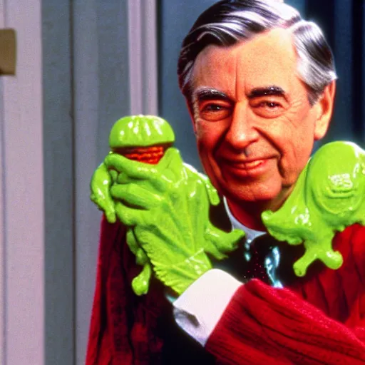 Image similar to mr. rogers proudly displaying an extremely disturbing horror puppet dripping with slime, color screengrab, 4 k