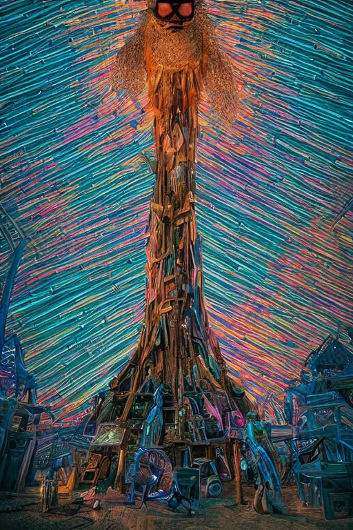 Prompt: a detailed digital neon illustration of the tall wooden burningman effigy in the style of dan mumford. maya render, greg rutkowski , psychedelic, fantasy, 8k, 3d render, intricate, symmetry, cinematic, hyper realism, high detail, 8k, iridescent accents