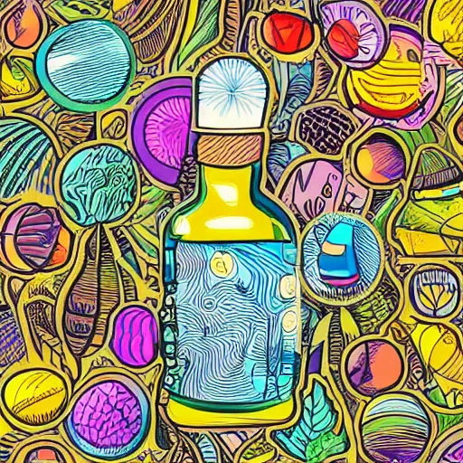 Image similar to Ecosystem in a bottle, sticker, highly detailed, colorful, illustration, drama, smooth and clean vector curves, no jagged lines, vector art, smooth