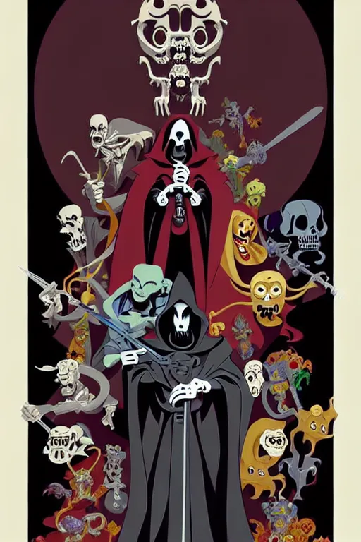 Prompt: video game cover, disney grim reaper dressed with a cape surrounded by monsters and demons, intricate baroque style. by mike mignola, by goro fujita, by octavio ocampo, masterpiece. intricate artwork, very coherent symmetrical artwork, cinematic, pixar studio, smooth gradients, high contrast. full body character, clean ink detailed line drawing