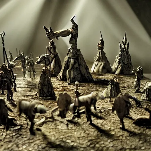 Prompt: claymation action shot of the council of the ring, lotr, dramatic lighting, creepy, dslr, tilt shift, extremely textured, realistic hyper detailed