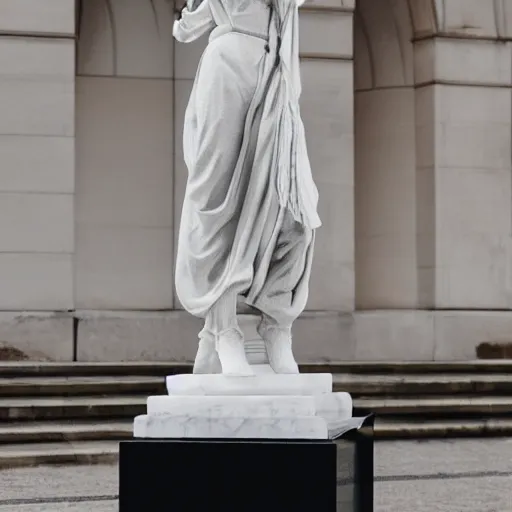 Prompt: white marble statue of a beautiful woman with colorful motocross logos in the style of virgil abloh, colored smoke clouds, very very beautiful, detailed, off white, heron preston, 8 k, 4 k, detailed, beautiful, symmetrical, vogue, editorial, fashion, magazine, museum lighting, museum, gallery