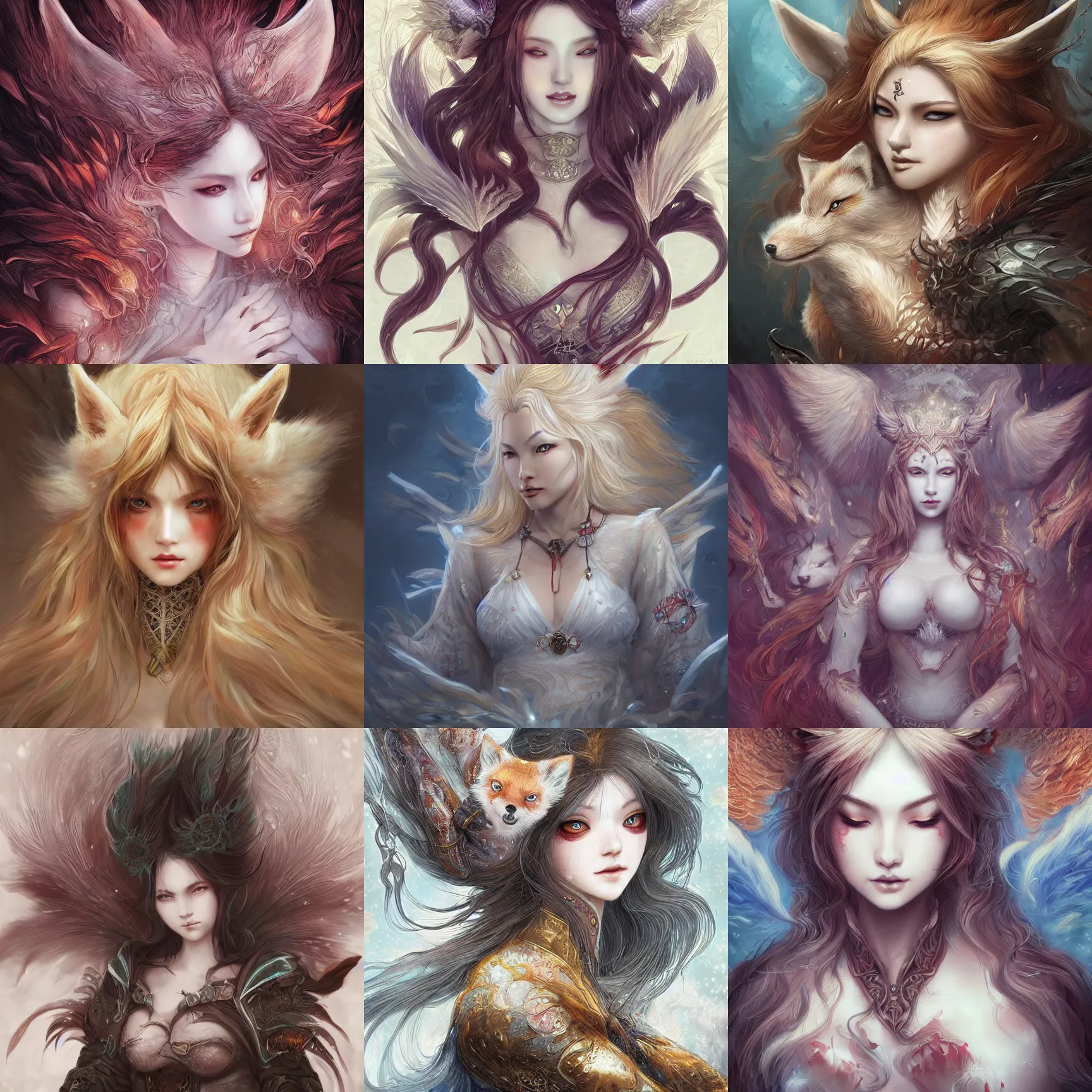 Prompt: female kitsune, fantasy artwork, award winning, hyper detailed, very very very very very very beautiful!, aesthetic portrait, fluffy, studio lighting, artstation