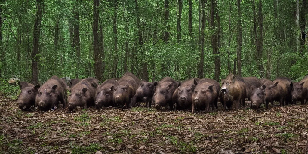 Image similar to a trap camera night photo of a big group of wild boars in a forest, real, photography