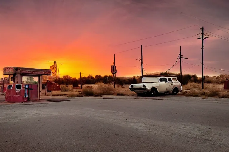 Image similar to a sunset light landscape with historical route 6 6, lots of sparkling details and sun ray ’ s, blinding backlight, smoke, volumetric lighting, colorful, octane, 3 5 mm, abandoned gas station, old rusty pickup - truck, beautiful epic colored reflections, very colorful heavenly, softlight