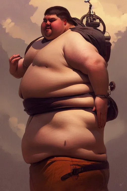 Image similar to an overweight man as a human cannonball, realistic painting, symmetrical, highly detailed, digital painting, artstation, concept art, smooth, sharp focus, illustration, cinematic lighting, art by artgerm and greg rutkowski and alphonse mucha