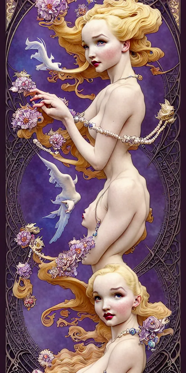 Image similar to beautiful dove cameron art nouveau fantasy character portrait, ultra realistic, intricate details, the fifth element artifacts, highly detailed by peter mohrbacher, hajime sorayama, wayne barlowe, boris vallejo, aaron horkey, gaston bussiere, craig mullins alphonse mucha, art nouveau curves swirls and spirals, flowers pearls beads crystals jewelry goldchains scattered
