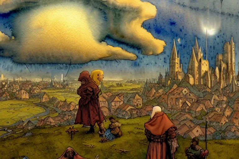 Image similar to a hyperrealist watercolor concept art of dozens of alien ufos in the sky above a medieval city during a thunderstorm. a dirty medieval peasant child is in the foreground. very muted colors, by rebecca guay, michael kaluta, charles vess. high detail, hq, wide shot, 4 k