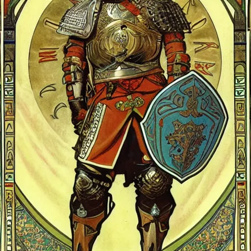 Prompt: germania in full plate armour, sword, shield, painted by alphonse mucha