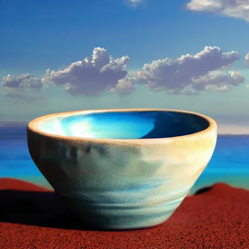 Image similar to a beach and ocean and sky in a ceramic bowl, hyper realistic, highly detailed, photorealism, microcosm, diorama