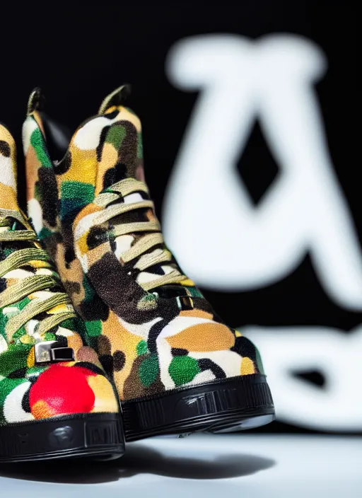 Image similar to hyperrealistic and heavy detailed product photo bape avant garde shoe of movie the fifth element, in front of white back drop, whole shoe is in picture, leica sl 2 5 0 mm, vivid color, high quality, high textured, real life