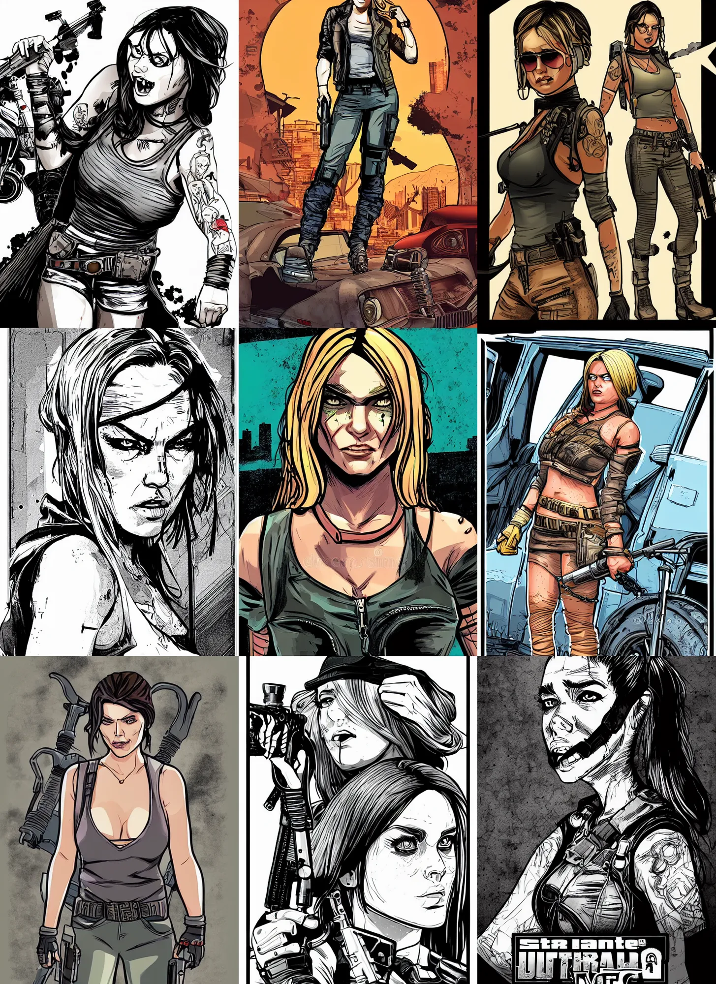 Prompt: full body illustration comic book cell shaded gtav style illustration mad max female with beautiful face