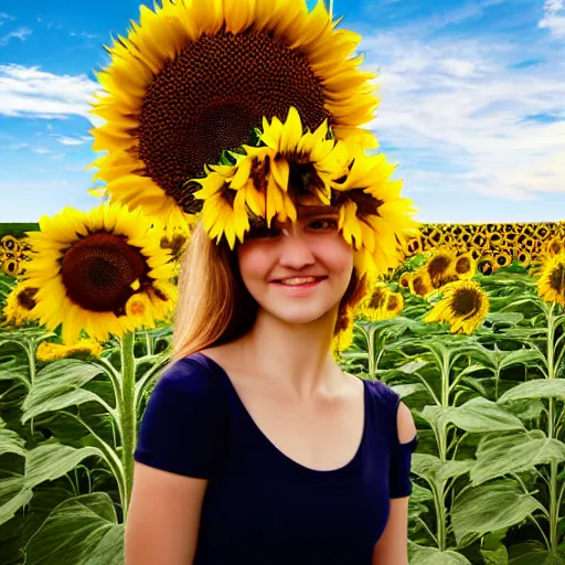 Image similar to Portrait, Illustration of a Ukrainian girl Smiling, Beautiful pretty young, flowers in her dark hair, Scene: Sunflower field, Colors: Yellow sunflowers, blue cloudy sky, In a style of Full Frame