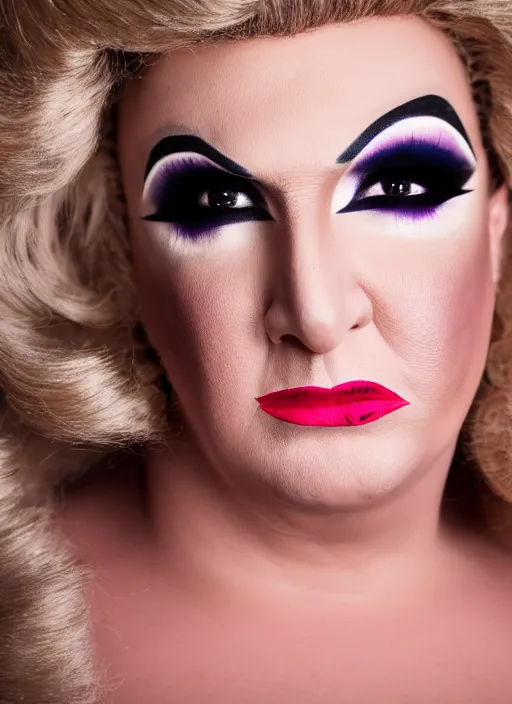 Prompt: studio portrait of ted cruz in full drag dressed in drag dressed as a woman makeup, 8 k, studio lighting, key light, back light, sequents,