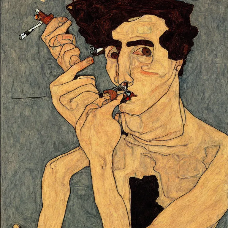 Image similar to portrait of a loner smoking a cigarette by egon schiele