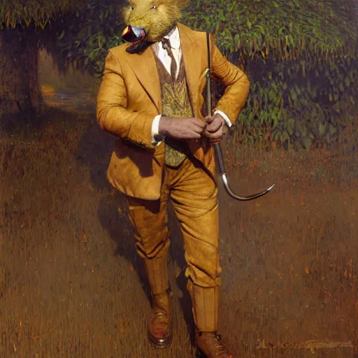 Image similar to a male boarman boar man wearing a suit furry arms furry body walking stick new york. furaffinity furry art detailed face painting by gaston bussiere craig mullins jc leyendecker gustav klimt artgerm greg rutkowski furry