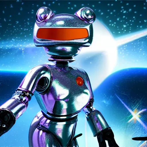 Prompt: 3 d rendered movie still pearlescent robot kitten robots quadruped in epic outer space battles and disco dance contests on saturn. science fiction, blockbuster movie, dystopian future, computer - animated science fiction film, space odyssey, imax, 7 0 mm, 4 k