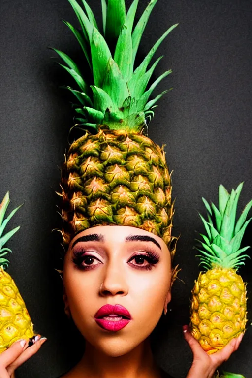 Prompt: doja cat as a dole pineapple, human face in the shape of a pineapple, professional food photography, dole pineapple