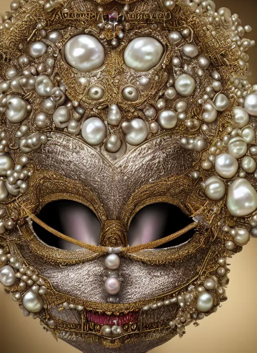 Image similar to hyperrealism, detailed textures, award winning autochrome photo, symetrical japanese pearl, beautiful dreaming animal pearl queen, autochrome pearl portrait, pearl silverplate, intricate, detailed facial pearl scary animal mask, pearl, golden jewelery, silverplate, ultra realistic, cinematic, intricate, cinematic light by steve mccurry, unreal engine 8 k