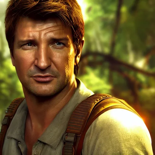 Image similar to nathan fillion as nathan drake from uncharted, photorealistic, unreal engine, cinematic lightning