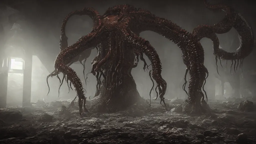 Image similar to lovecraftian monster, horror, eldritch , 8K, concept art, DSLR, filmic, HDR, hyperrealism, Unreal Engine, volumetric lighting, Darkart