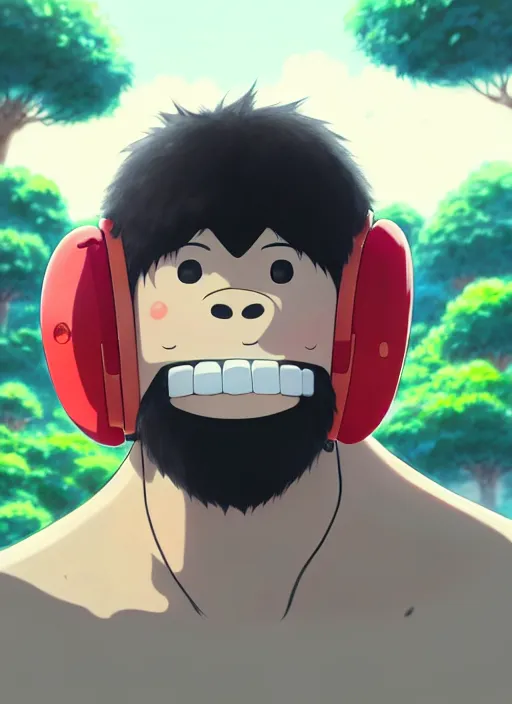 Image similar to wholesome cartoon anime gorilla holding a very small red mushroom, chilled out smirk on face, sunny sky background, lush landscape, illustration concept art anime key visual trending pixiv fanbox by wlop and greg rutkowski and makoto shinkai and studio ghibli and kyoto animation, symmetrical facial features, red headphones on head